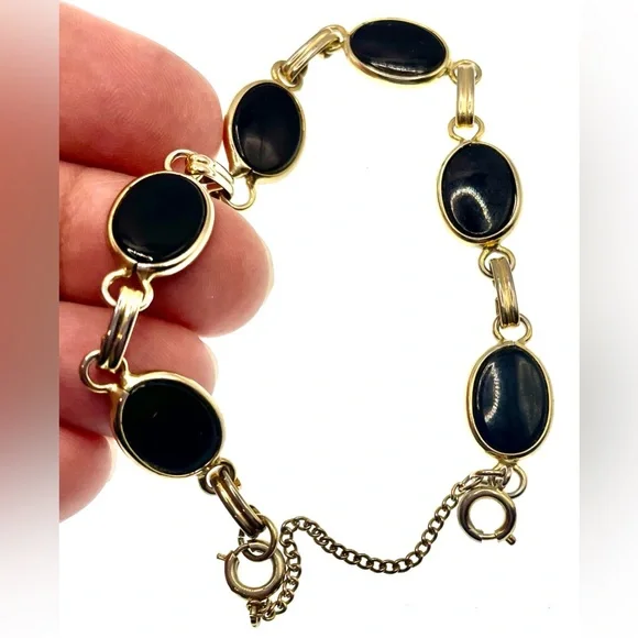 3 for $30 Vintage Gold Tone Linked Bracelet Bezel Set Onyx Gems Safety Chain - Picture 2 of 5